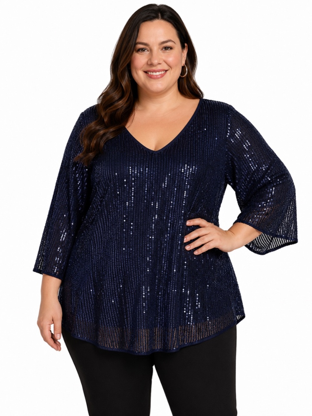 AGNES ORINDA Navy Blue Sequins V-Neck Tunic Top Party Blouse 3XL NWOT